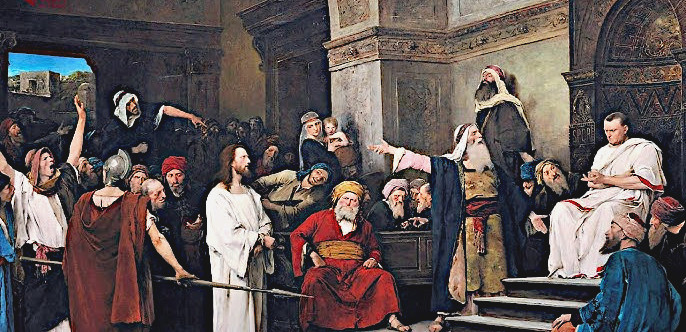 La scène représente Ponce Pilate délibérant avec les autorités juives sur le sort de Jésus. Pilate, personnage central, semble hésiter dans sa décision, incarnant l'homme moderne confronté au mystère de la foi.