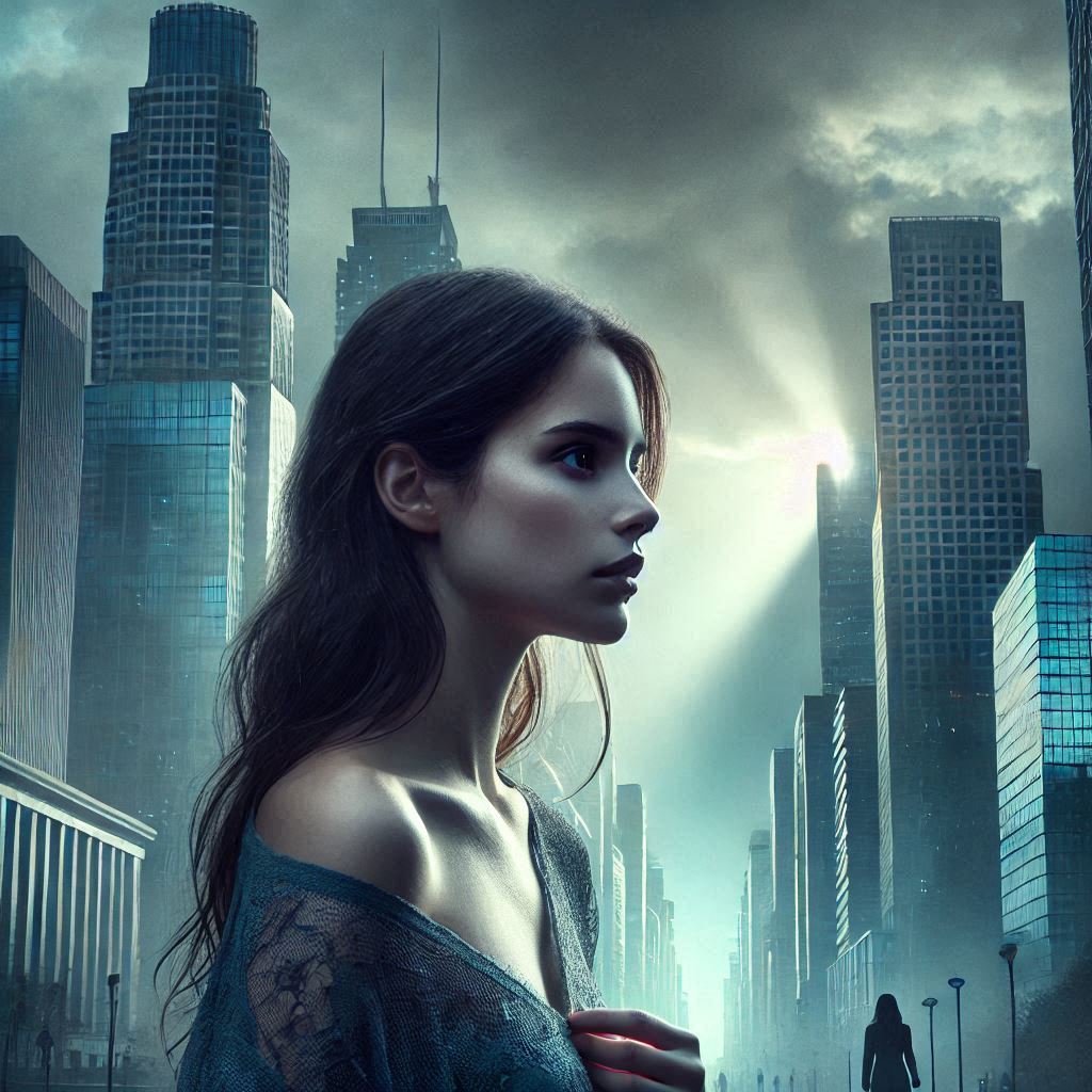 Image artistique dans un style cyberpunk/science-fiction. Au premier plan, une jeune femme au profil délicat est photographiée de profil, ses longs cheveux noirs flottant légèrement dans le vent. Elle porte un haut en dentelle bleue qui laisse ses épaules dénudées. En arrière-plan se dresse une ville futuriste avec de hauts gratte-ciels aux façades de verre et d'acier, baignés dans une lumière bleu-vert surréaliste. Le ciel est couvert de nuages menaçants traversés par quelques rayons de lumière. Au loin, une silhouette solitaire se détache sur le trottoir. L'ambiance générale est mystérieuse et mélancolique, typique de l'esthétique cyberpunk.